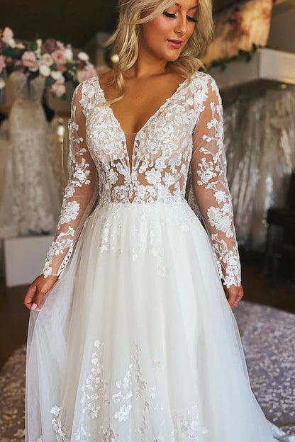 A-Line V Neck Long Sleeve Tulle Lace Wedding Dresses Sweep Train Dresses