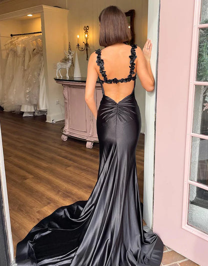 Black Mermaid Straps Long Backless Prom Dress Court Train Dresses With Slit