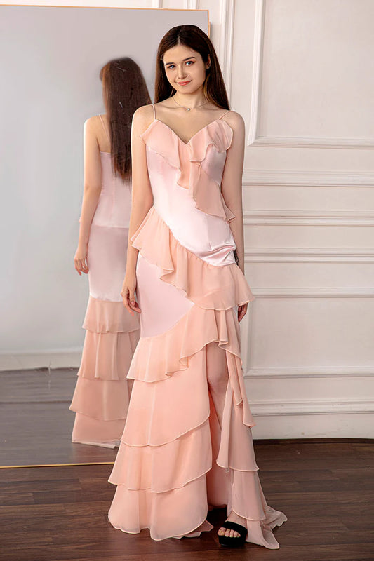 V-Neck Floor-length Light Pink Ruffled Prom Dress with Slit