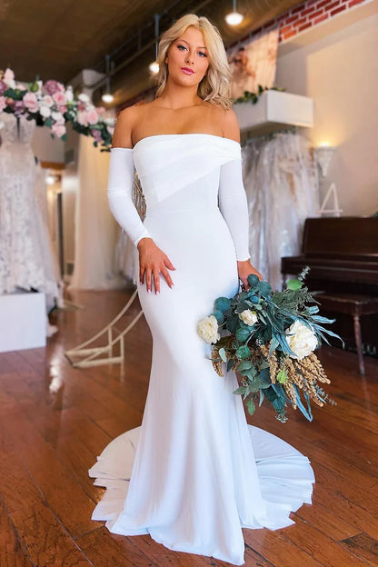 Simple White Boho Mermaid Long Wedding Dress with Sleeves