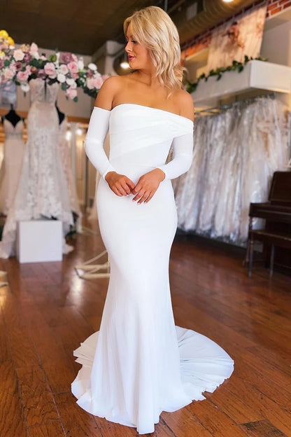 Simple White Boho Mermaid Long Wedding Dress with Sleeves