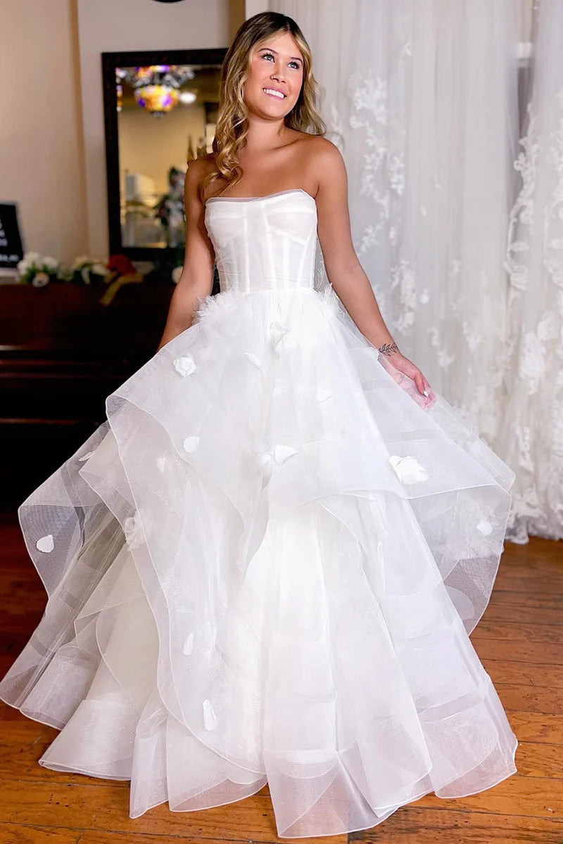 Simple White Corset A-Line Strapless Wedding Dress with Flowers