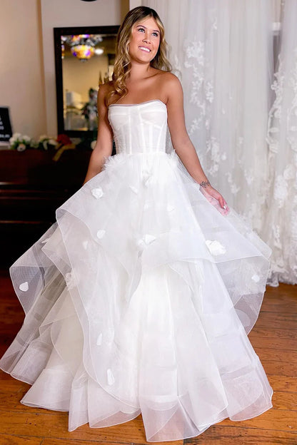 Simple White Corset A-Line Strapless Wedding Dress with Flowers