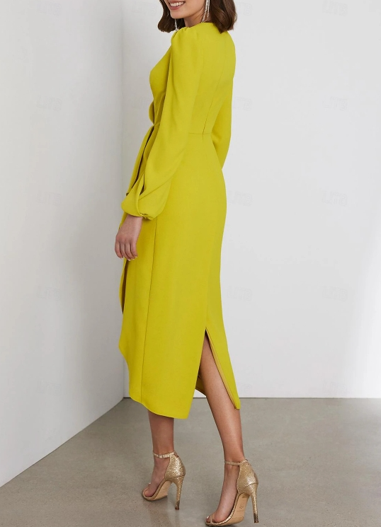 Yellow Elegant Wedding Guest Dresses V Neck Stretch Chiffon Cocktail Tea Length Long Sleeve Dress