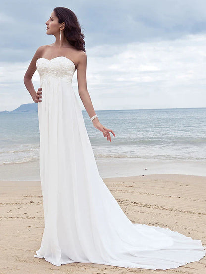 A-Line Wedding Dresses Sweetheart Neckline Court Train Chiffon Strapless Simple Beach Plus Size with Beading Appliques