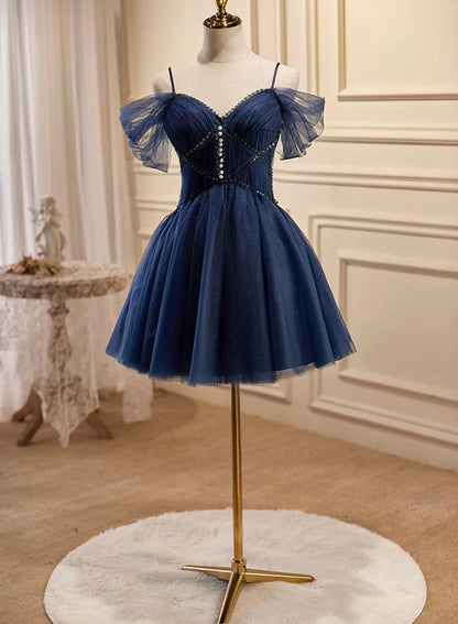 Navy Blue Tulle Beaded Short Prom Dress Off Shoulder Homecoming Dress