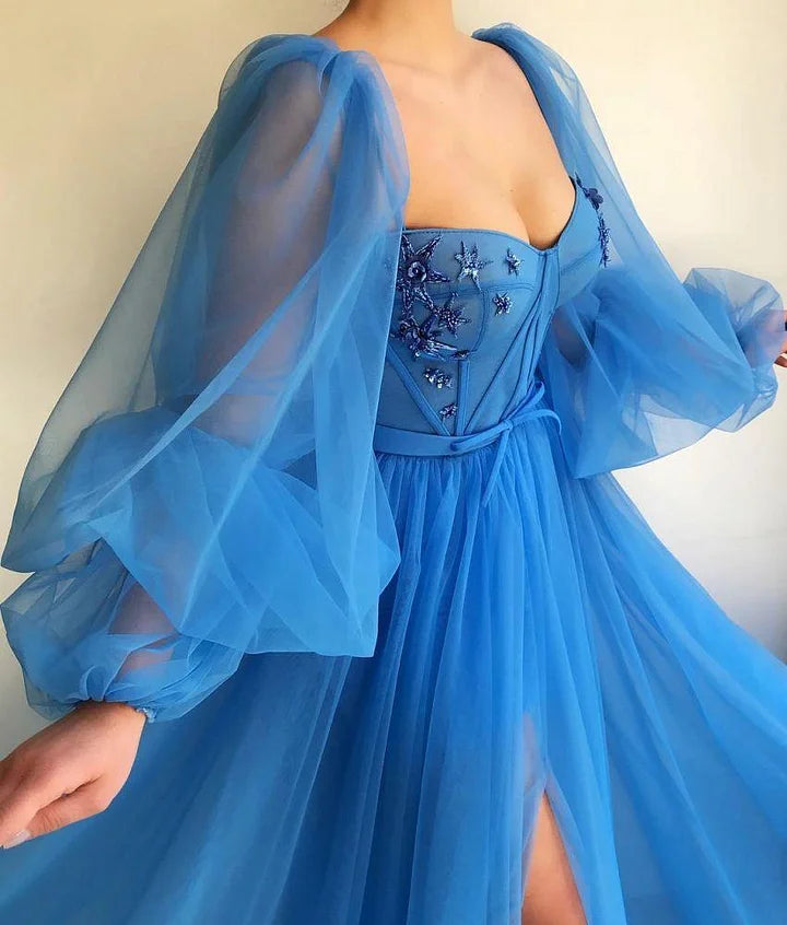 Long Sleeve Party Gowns Blue Tulle Prom Dress Slit Evening Dress