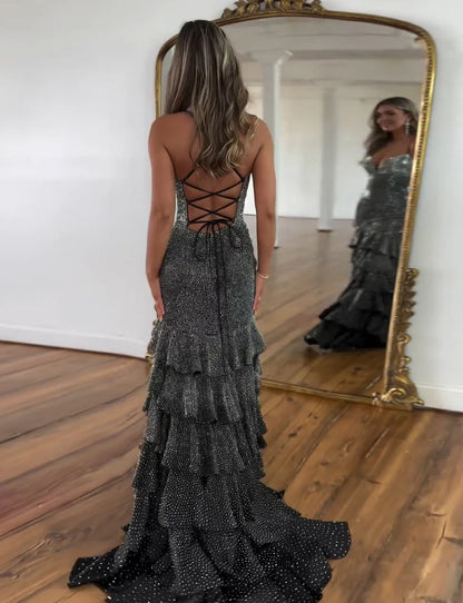 Black Mermaid Beaded Backless/With Lace Up Back V-Neck Long Prom Dress