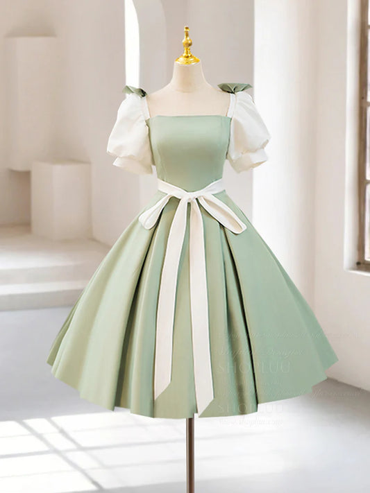 A-Line Puff Sleeves Satin Green Short Prom Dress Homecoming Dress