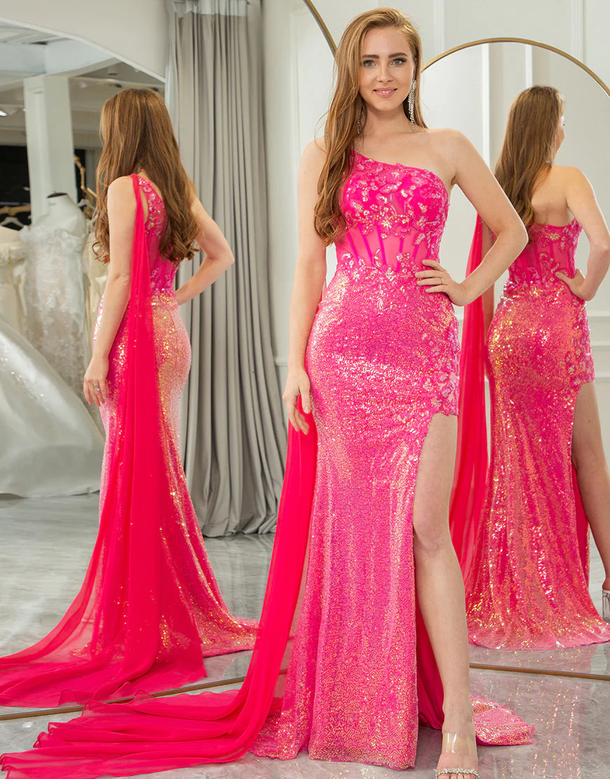 Mermaid Sparkly Fuchsia One Shoulder Long Prom Dress With Slit