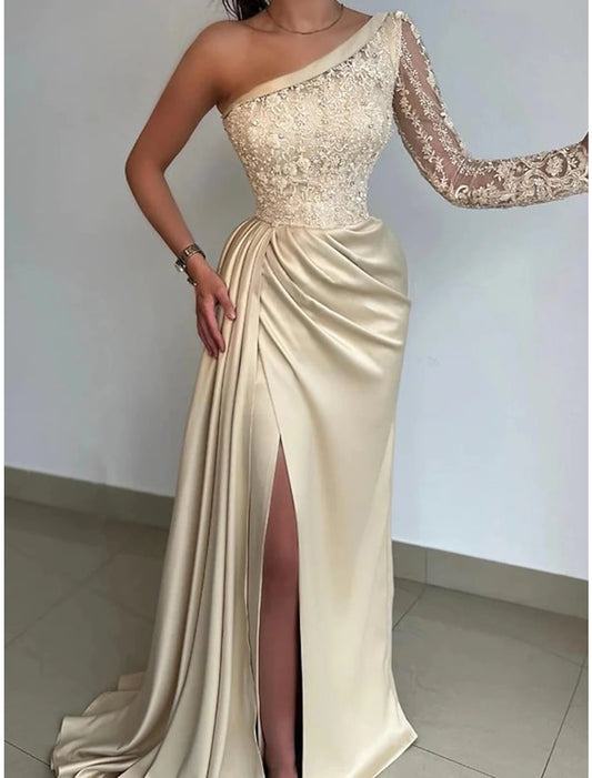 Mermaid Evening Gown Formal Wedding Party Sweep / Brush Train Long Sleeve One Shoulder Bridesmaid Dress