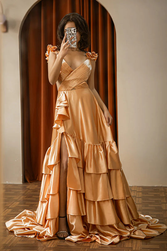 A-Line V-neck Ruffle Tiered Slit Satin Floor-length Prom Dress