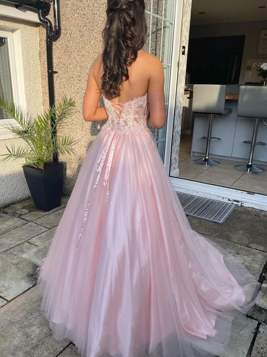 A-Line Sweetheart Neck Tulle Formal Evening Dress Lace Long Prom Dress