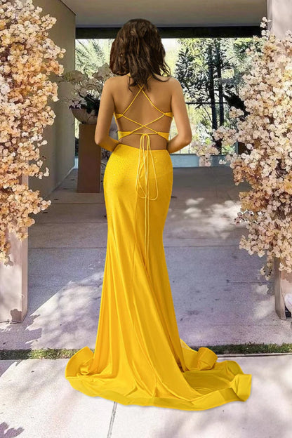 Fitted Beaded Yellow Mermaid Backless Prom Dress Sweep/Brush Train Dresses