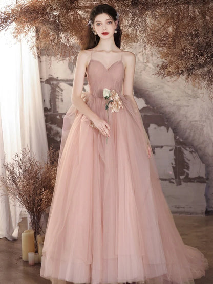 A-Line Princess V Neck Tulle Flower Pink Long Prom Dress Evening Dress