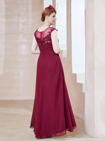 Illusion Lace Neckline Asymmetrical A-Line Dress Burgundy Mother of the Bride Dresse