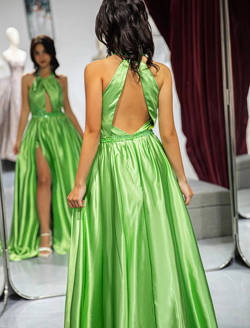 Green Halter Open Back Slit Floor-length Satin Prom Dress