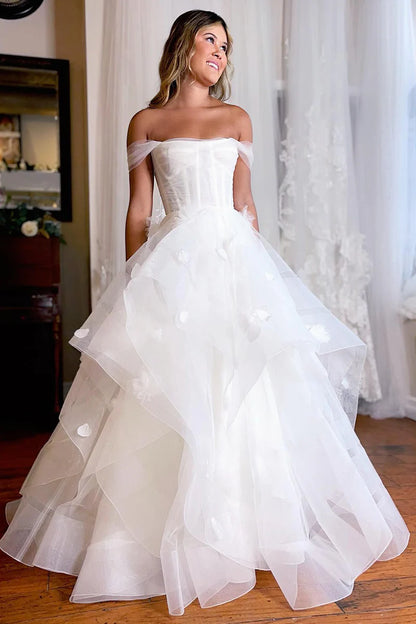 Simple White Corset A-Line Strapless Wedding Dress with Flowers