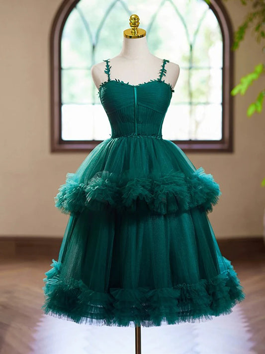 A-Line Sweetheart Neck Tulle Green Short Homecoming Dress