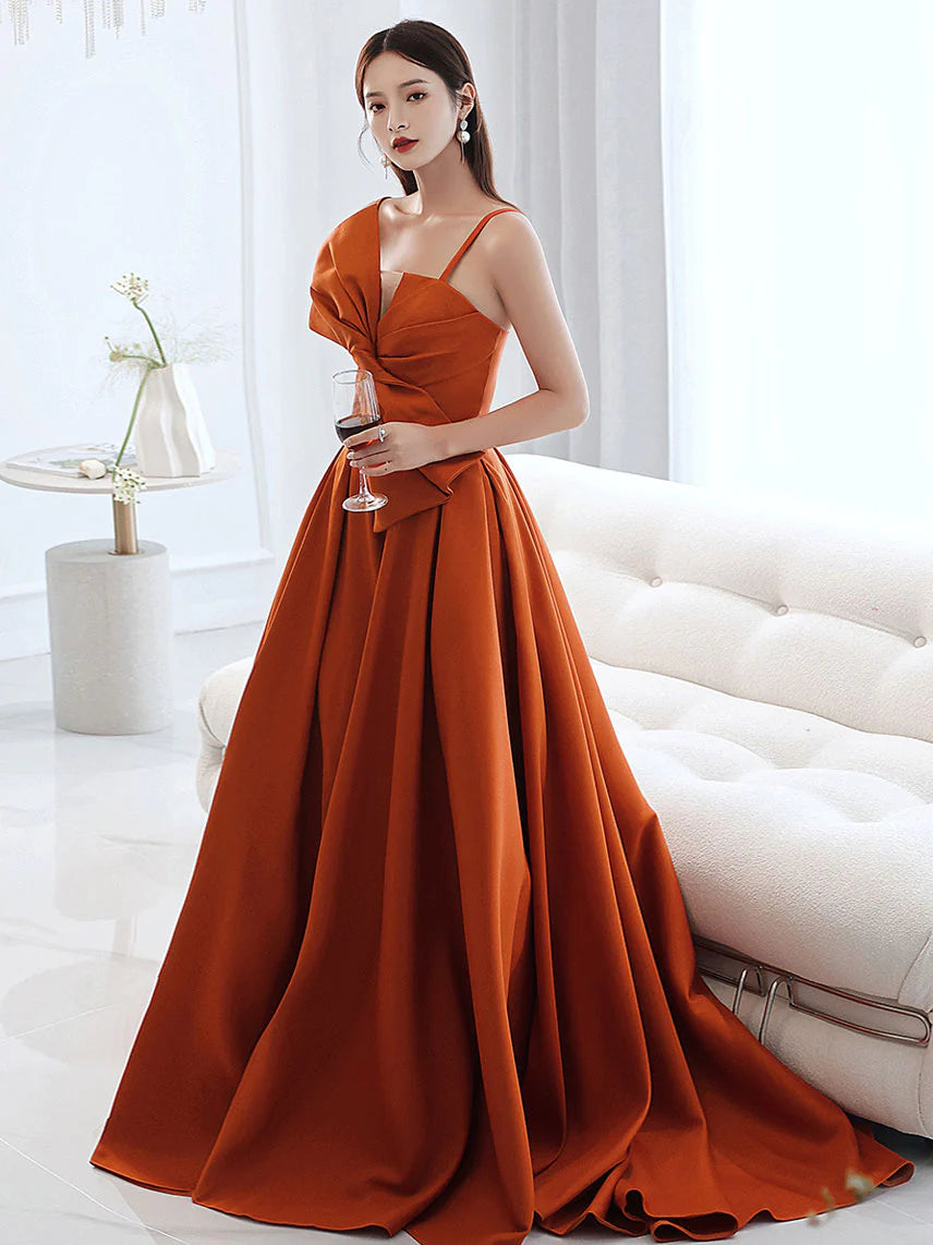 A Line Orange Satin Long Prom Dress Orange Evening Dress