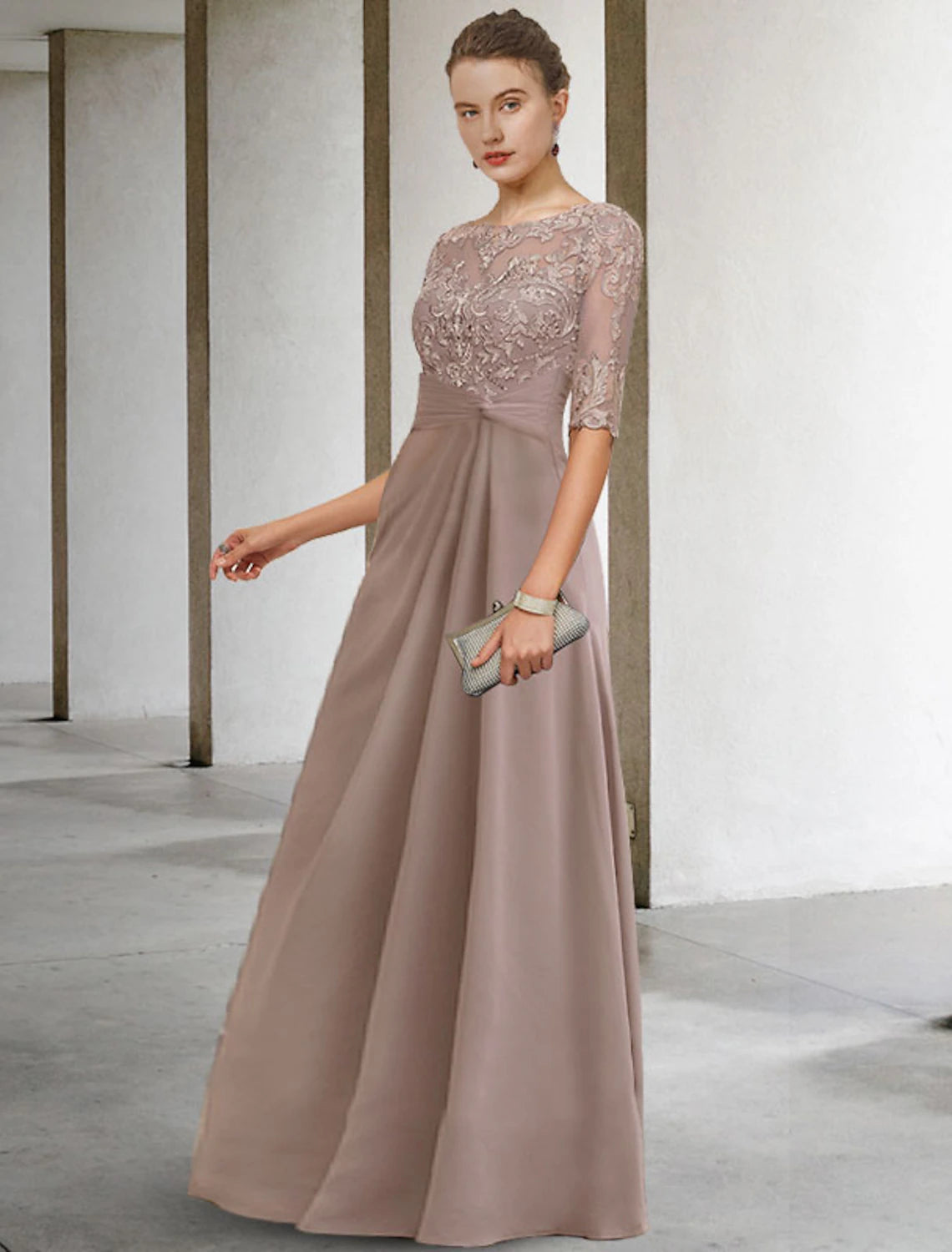 Sheath / Column Mother of the Bride Dress Wedding Guest Elegant Plus Size Jewel Neck Floor Length Chiffon Lace