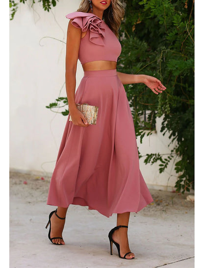 Two Piece Cocktail Dresses Ankle Length Sleeveless Jewel Neck Fall Wedding Guest Satin with Ruffles Pure Color