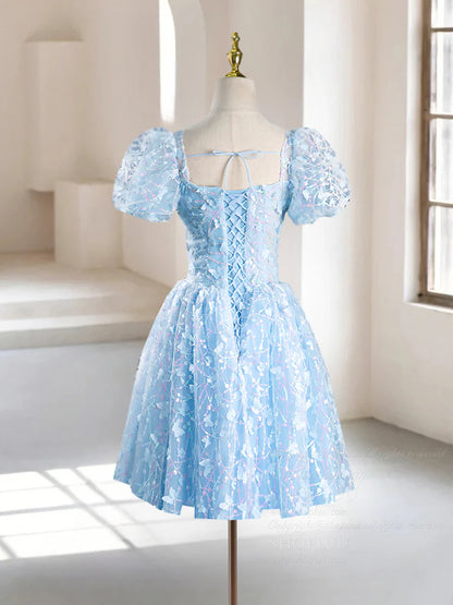 A-Line Puff Sleeves Tulle Lace Blue Short 3D Butterfly Prom Dress Homecoming Dress