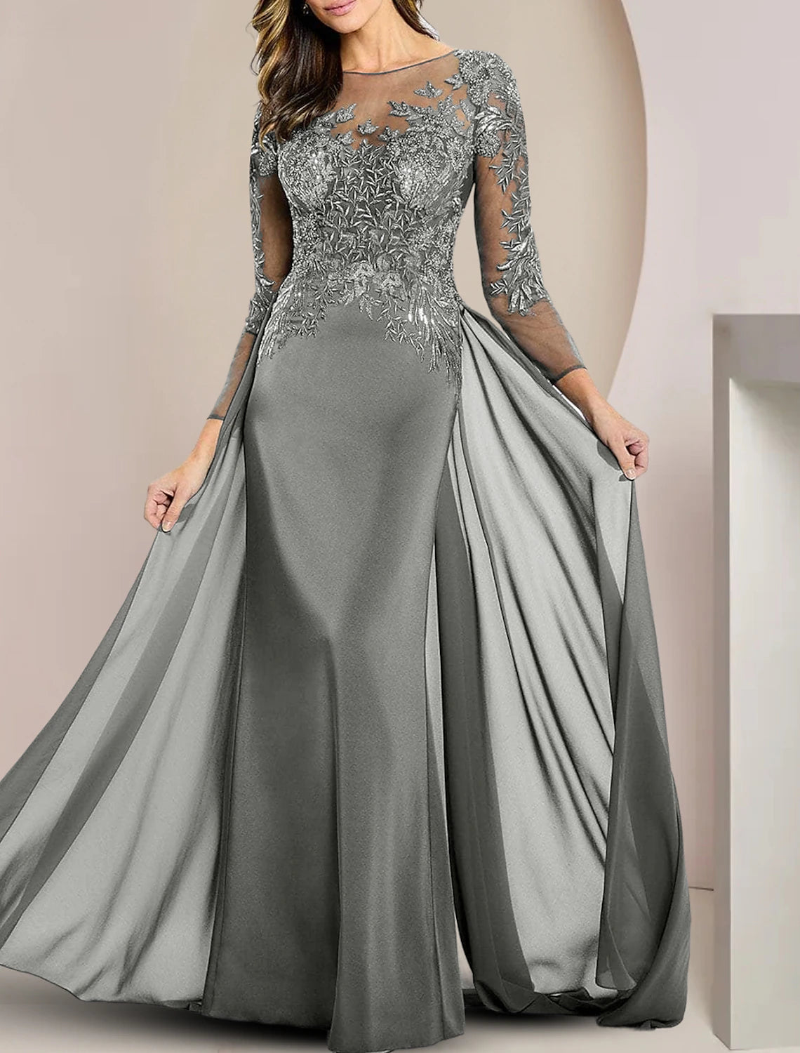 Sheath / Column Mother of the Bride Dress Formal Floor Length Chiffon Lace Long Sleeve with Beading Appliques