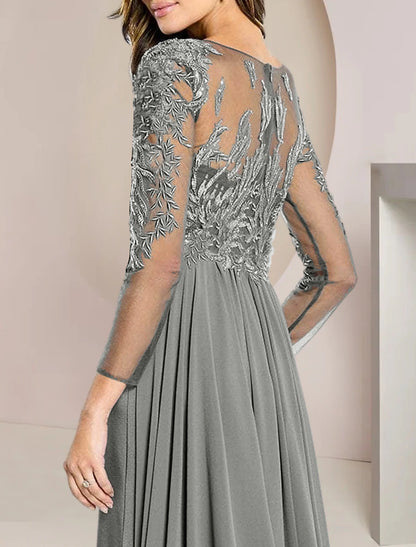 Sheath / Column Mother of the Bride Dress Formal Wedding Guest Scoop Neck Floor Length Chiffon Lace with Beading Appliques