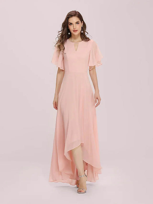 A-Line Jewel Neck Asymmetrical Chiffon Bridesmaid Dress with High Low