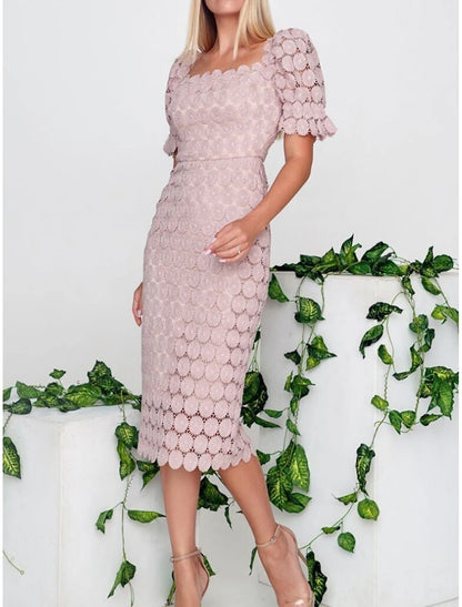 Square Neck Short Sleeve Midi Dress Party Elegant Dress