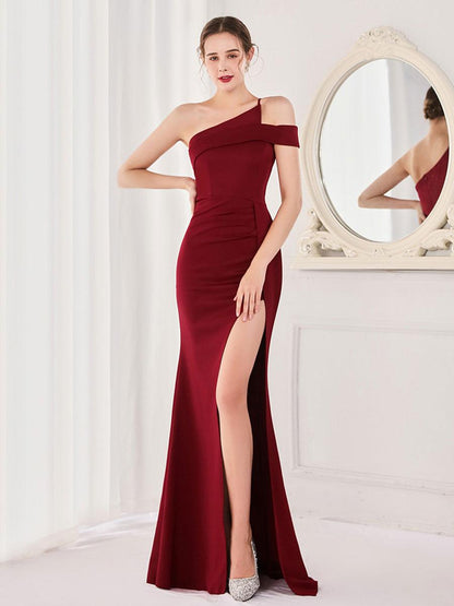 Evening Dress Sheath Designed Neckline Polyester Floor-Length Formal Party Dresses High Slit