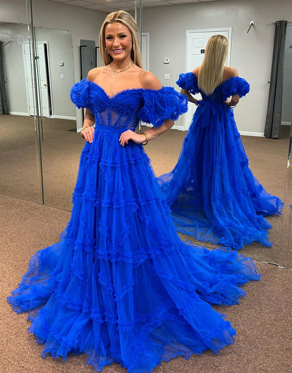 Royal Blue A Line Princess Off The Shoulder Long Prom Dress with Ruffles