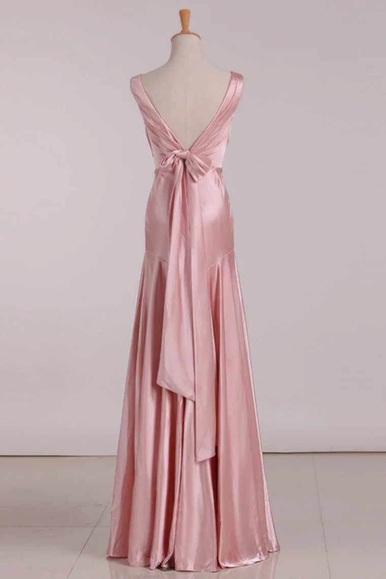 Pink V-neck Satin Long Dress Bridesmaid Dress Wedding Guest Party Dress