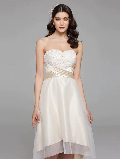 A-Line Wedding Dresses Sweetheart Neckline Asymmetrical Satin Floral Lace Strapless Simple Plus Size with Bowknot Sash Ribbon Beading