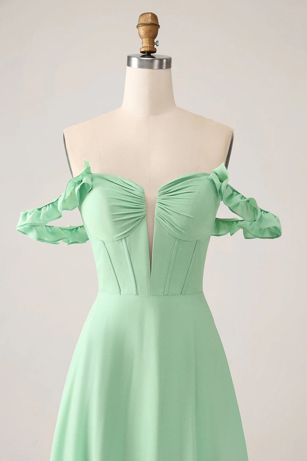 Green A-line Off Shoulder Chiffon Corset Long Bridesmaid Dress