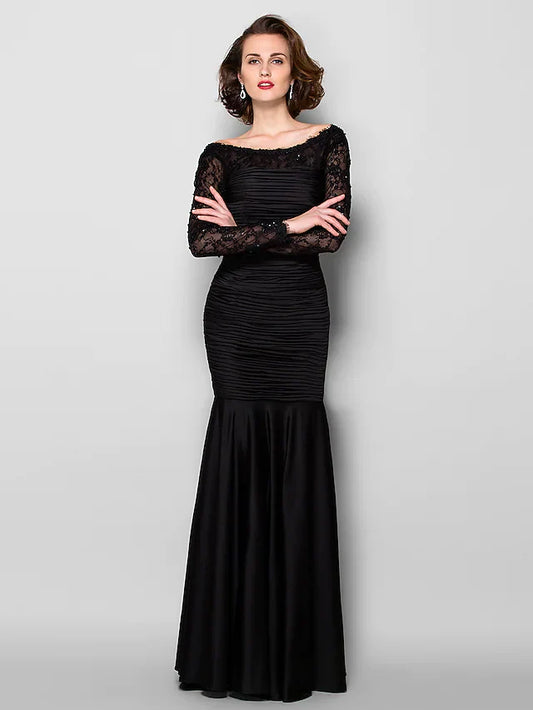 Mother of the Bride Dress Beautiful Back Jewel Neck Lace Jersey Long Sleeve with Lace Ruched Beading