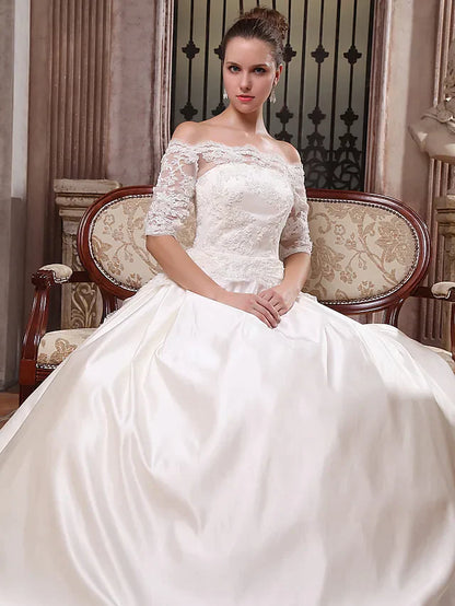 Ball Gown Wedding Dresses Scalloped-Edge Off Shoulder Court Train Satin Half Sleeve