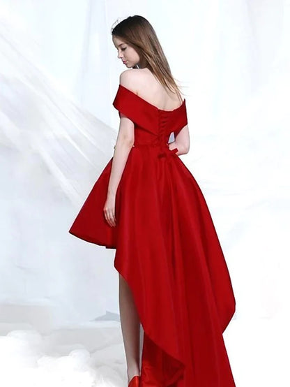 A-Line Elegant Engagement Cocktail Party Dress Off Shoulder Sleeveless Asymmetrical Satin with Bow(s)