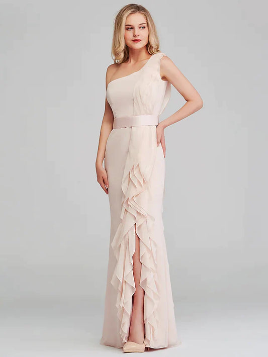 Shoulder Long Length Chiffon Bridesmaid Dress with Cascading Ruffles