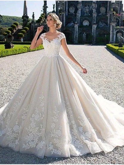 Ball Gown Wedding Dresses Jewel Neck Chapel Train Lace Tulle Lace Over Satin Cap Sleeve Glamorous Illusion Detail with Appliques