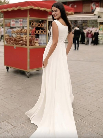 Simple Wedding Dress Satin Fabric Jewel Neck Sleeveless A-Line Bridal Dresses