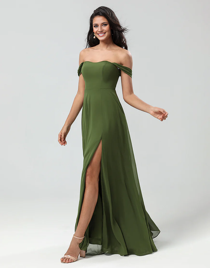 Off The Shoulder A Line Chiffon Bridesmaid Dress with Slit