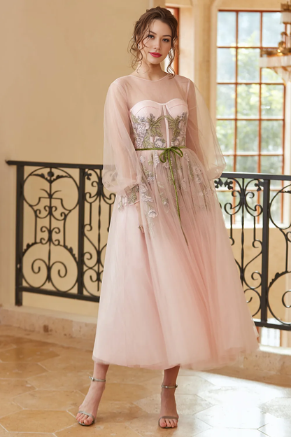 A Line Jewel Light Nude Tea Length Prom Dress Wedding Guest Dresses with Long Sleeves