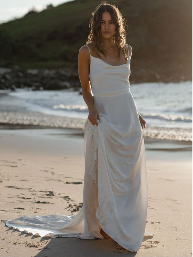 Simple Wedding Dress Square Neck Sleeveless A-Line Satin Bridal Gowns