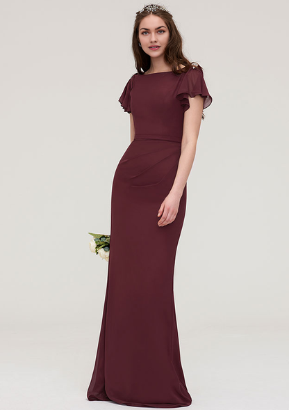 Chiffon Bridesmaid Dress Sheath/Column Bateau Short Sleeve Long/Floor-Length Wedding Guest Party Dresses