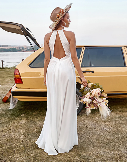 Ivory Lace Chiffon Halter Boho Wedding Dress With Slit