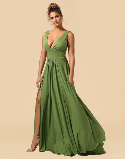 Olive A-Line Deep V-neck Floor Length Bridesmaid Dress Wedding Guest Party Dresses with Split