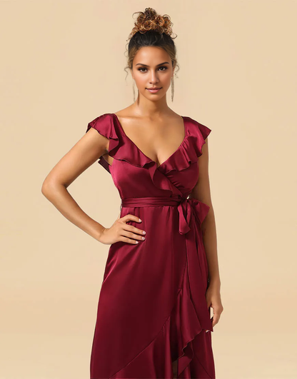 A-Line Party Dresses Asymmetrical Burgundy V-Neck Satin Bridesmaid Dress With Ruffle