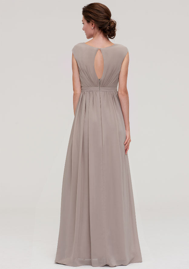 A-line Bateau Sleeveless Floor-Length Chiffon Bridesmaid Dress With Pleated